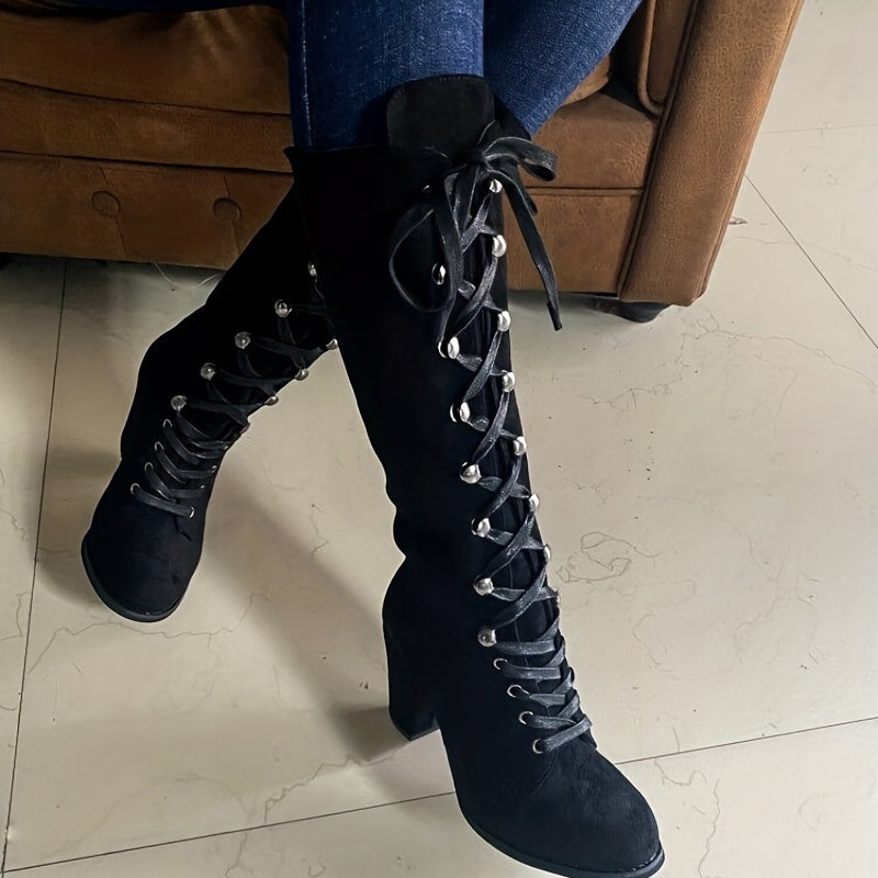 Women's Heeled Knee High Boots, Solid Color Lace Up Chunky Heeled Boots, Versatile Comfy Long Boots