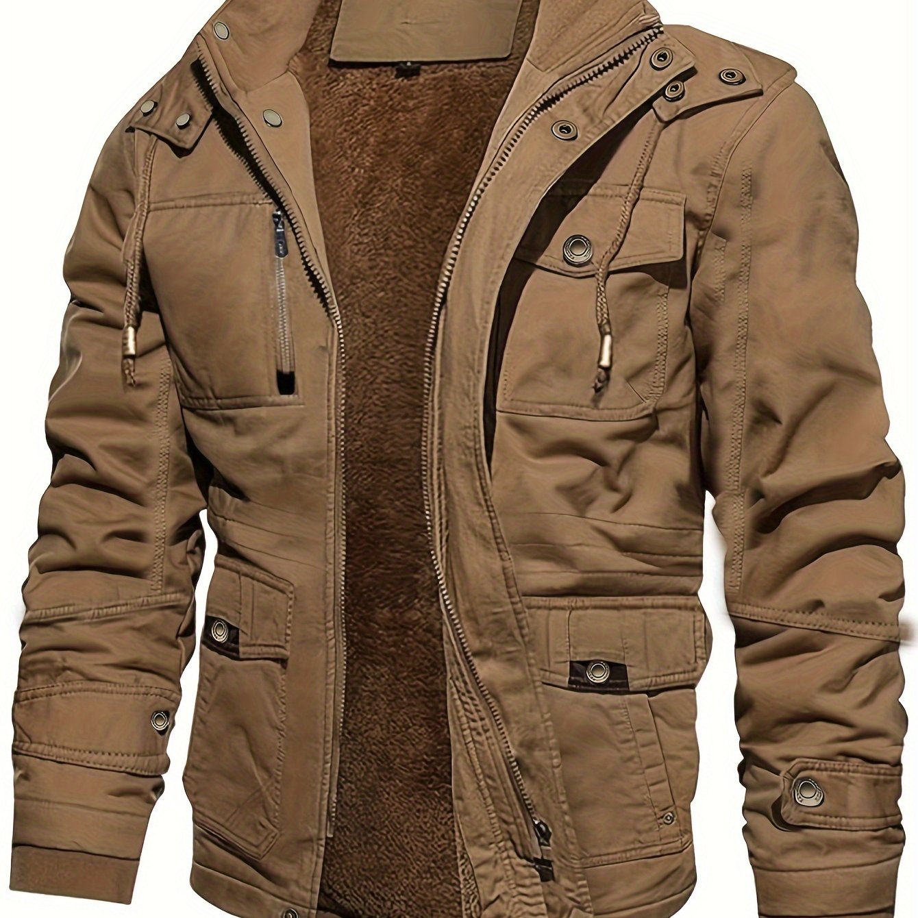 Mens Fashionable Fleece-Lined Cargo Jacket - Stylish & Warm with Multiple Pockets for Fall/Winter Outfits