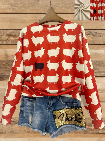 3D Sheep Pattern Crew Neck Pullover Sweater - Soft Slight Stretch Polyester Knit Fabric, Casual Long Sleeve, Regular Fit, Hand Wash or Dry Clean, All Season Wear - Womens Clothing for Fall & Winter