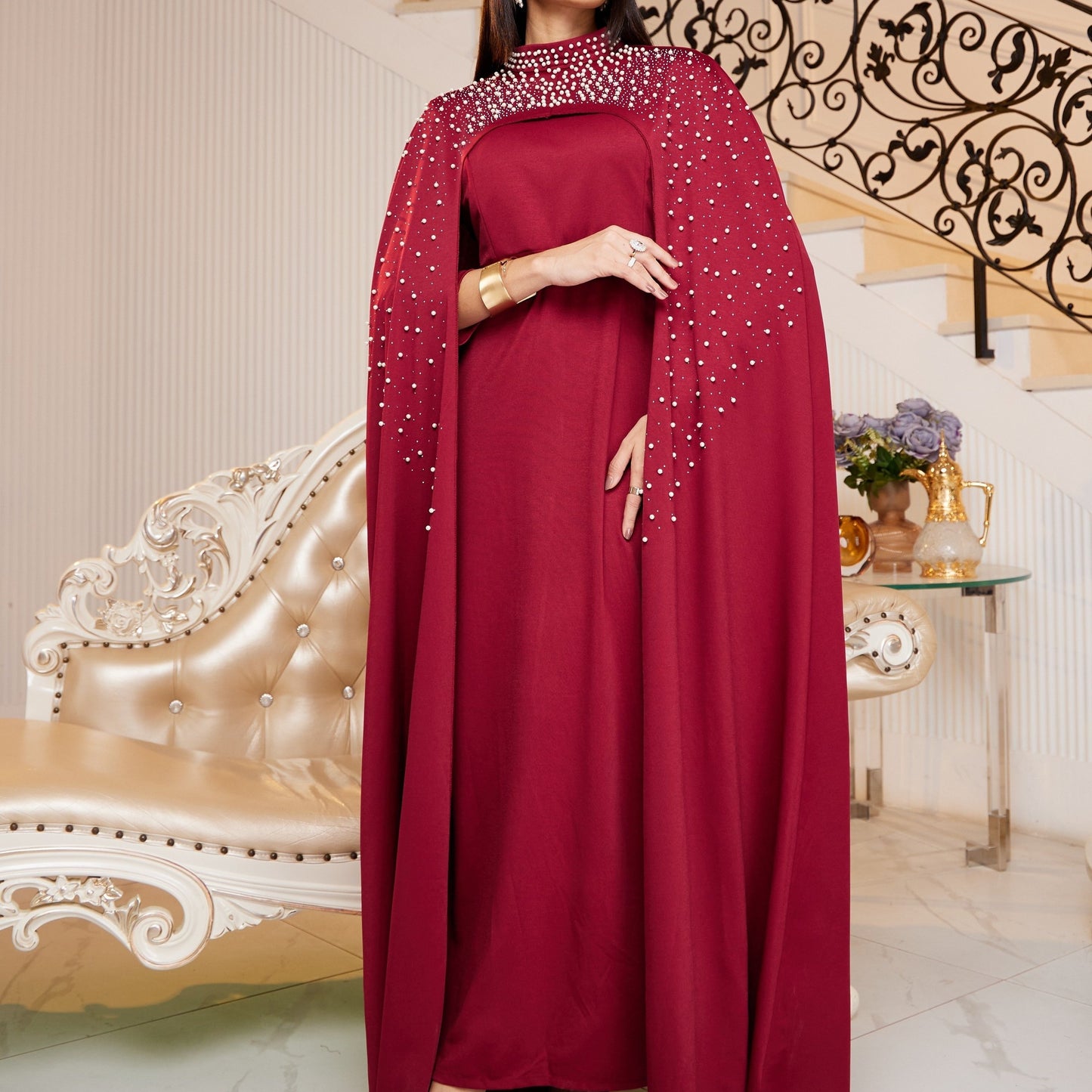 Chic Solid Beaded Womens Clothing Set - Mock Neck Keyhole Maxi Dress with Flowing Cloak - Versatile & Elegant Outfit for Special Occasions