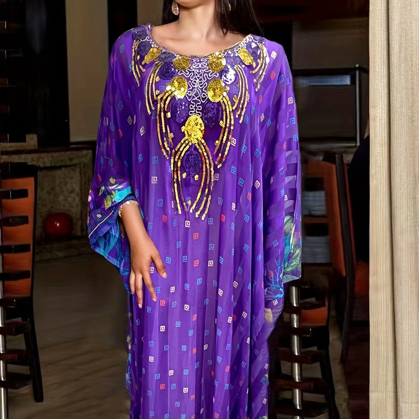 Ramadan Elegant Crew Neck Batwing Sleeve Maxi Kaftan Dress - All Over Print, Semi-Sheer, Polyester, No Elasticity, Hand Wash Only - Perfect for Middle East Style, Womens Clothing