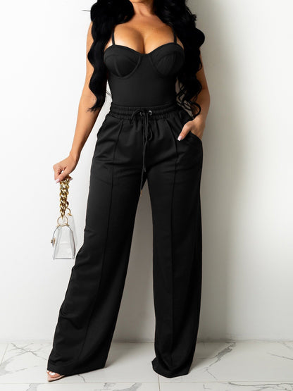 Summer Chic Pantsuit Set - Women's Solid Color Casual Outfit with Cami Top & Drawstring Pants - Comfortable, Breathable, and Versatile Clothing for Warm Weather