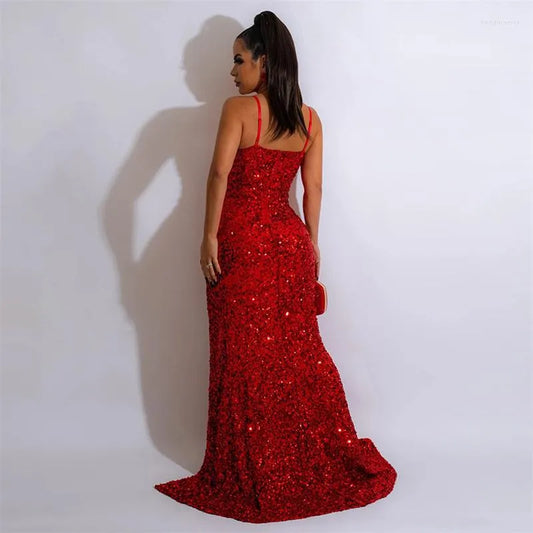 Casual Dresses Sexy Sequins Mermaid Party Dress Women Elegant Sparkly Nightclub Formal Occasion High Split Evening Prom Vestidos