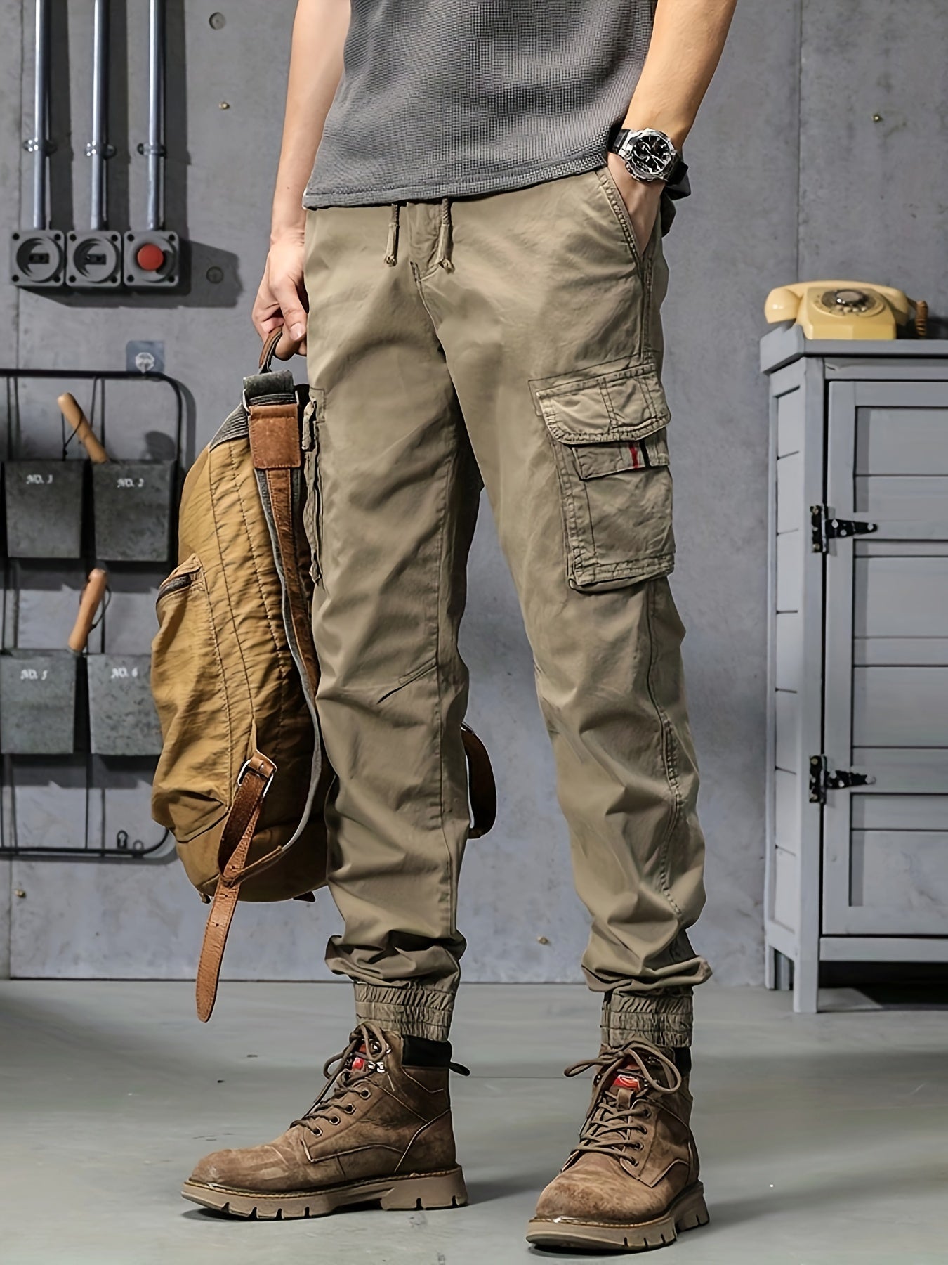 Mens Cropped Cotton Blend Cargo Pants - Elastic Waist, Multi Flap Pockets, Slight Stretch, Loose Fit, Weekend Casual, Solid Color, Hip Hop Style - Perfect for Outdoor Activities and Streetwear