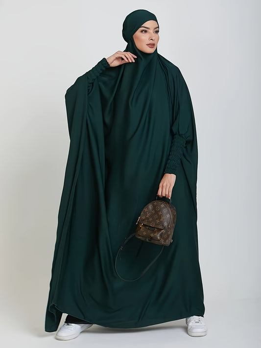 Muslim Long Batwing Sleeve Dress, Modest Solid Color Maxi Length Loose Hijab Kaftan Dress, Women's Clothing