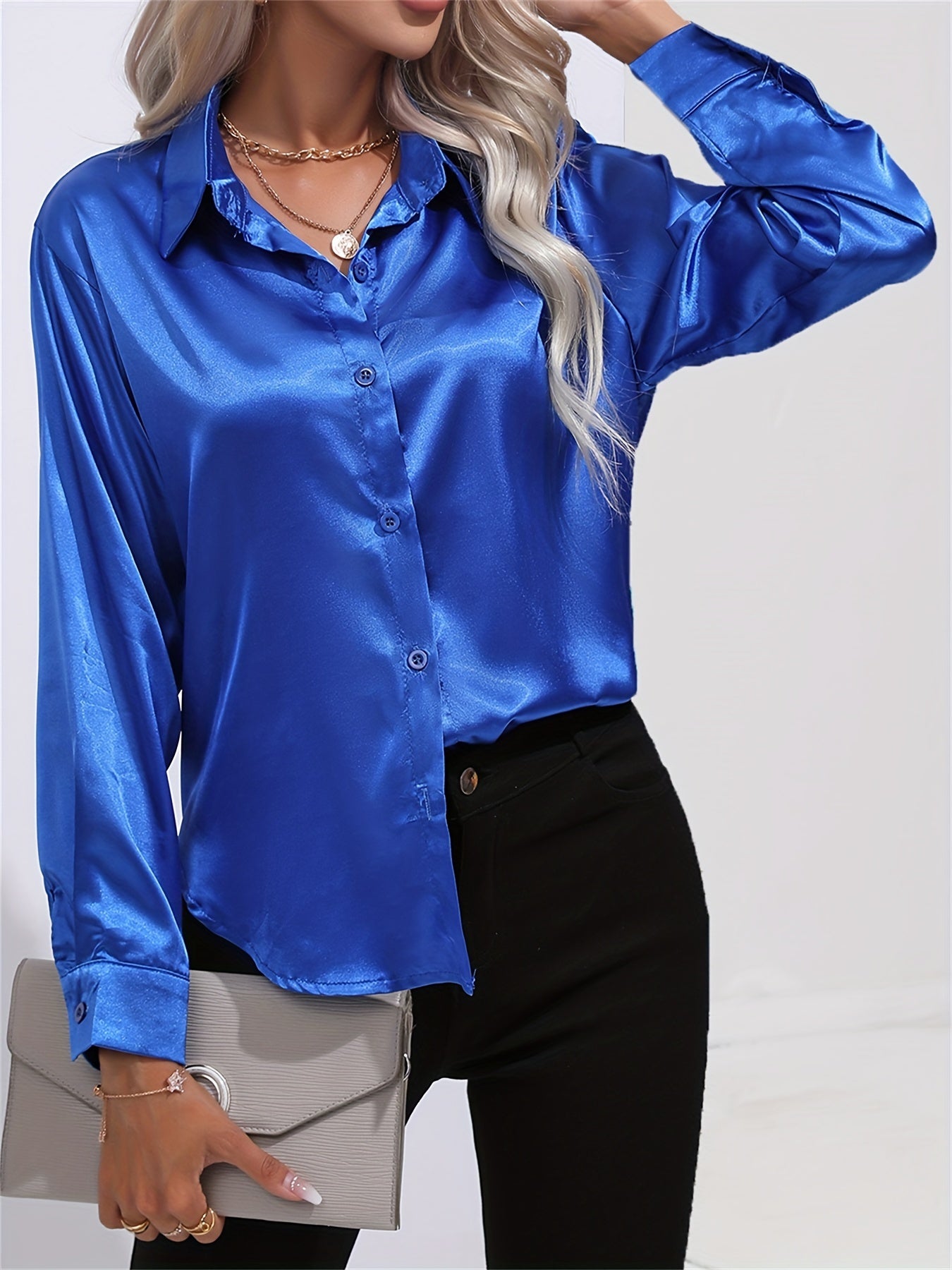 Effortlessly Chic Women's Casual Shirt: Long Sleeve, Solid Color, Lapel Collar, Dipped Hem, Micro-Elastic Fabric