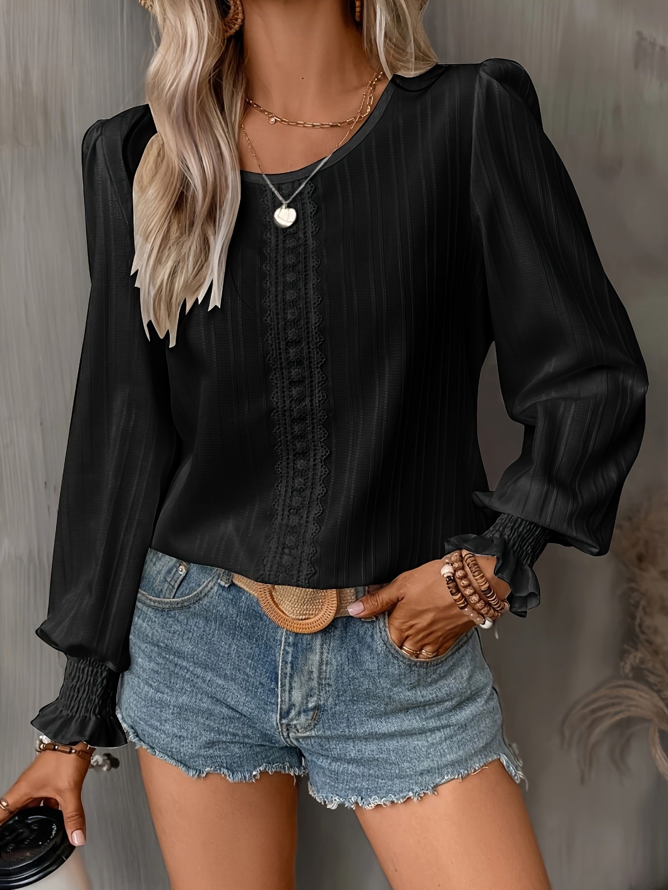 Chic Contrast Lace Blouse -Sophisticated Crew Neck with Flowy Long Sleeves - Perfect Casual Wear for Fashion-Forward Women