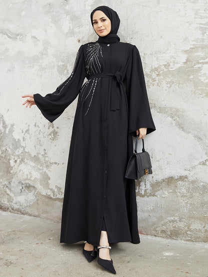 Ramadan Elegant Long Sleeve Geometric Patterned Loose Fit Maxi Dress with Rhinestone Belt - Non-Stretch Polyester Fabric, Flared Sleeves, and Middle East Style - Perfect for Spring, Summer, and Fall Seasons