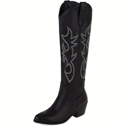 Western Cowboy Embroidery Women Knee High Boots Country Concert Disco Chunky Heel Pointed Toe Cowgirl Long Boots Vintage Retro Woman Shoes