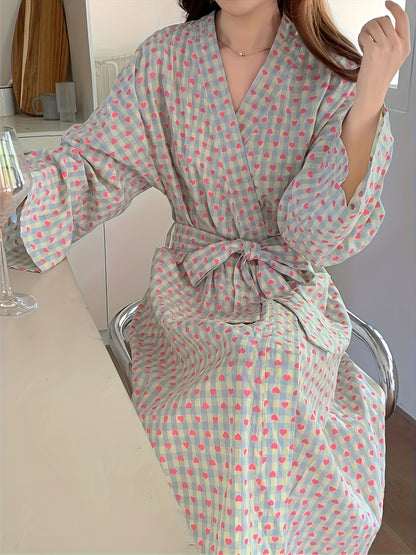 Elegant Heart Plaid V-Neck Chic Robe - Soft Polyester & Spandex Blend, Long Sleeve Mid-Length Sleepwear with Collar Styling, Woven Lightweight Nightgown & Sleepshirt for Women's Spring/Summer/Fall Comfort - Perfect for Lounging and Relaxation