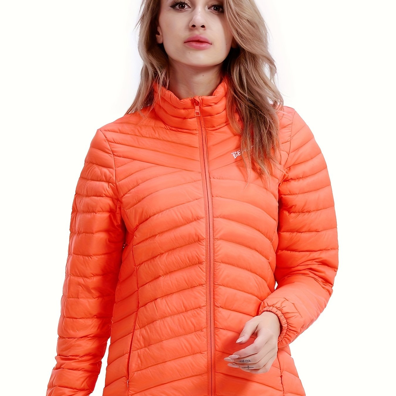 Womens Stylish Letter Embroidered Winter Jacket - Warm Thermal Insulation, Elastic Cuffs, Full Zip, Packable Down Coat for Ultimate Comfort and Convenience