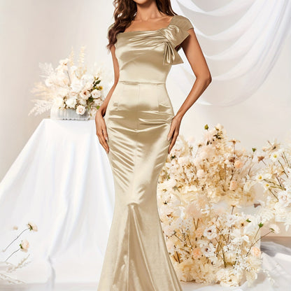 Elegant All-Season Solid Color Bodycon Mermaid Dress - Extra-Long with Chic Bow & Square Neck, Perfect for Parties and Banquets