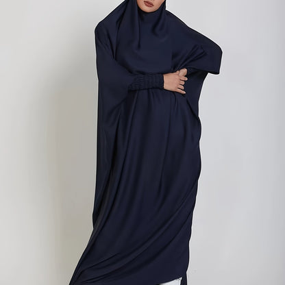 Muslim Long Batwing Sleeve Dress, Modest Solid Color Maxi Length Loose Hijab Kaftan Dress, Women's Clothing