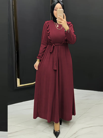 Chic Ruffle Solid Color Abaya Dress - Timeless Crew Neck, Full-Sleeve Maxi Style - Premium Modest Womens Fashion