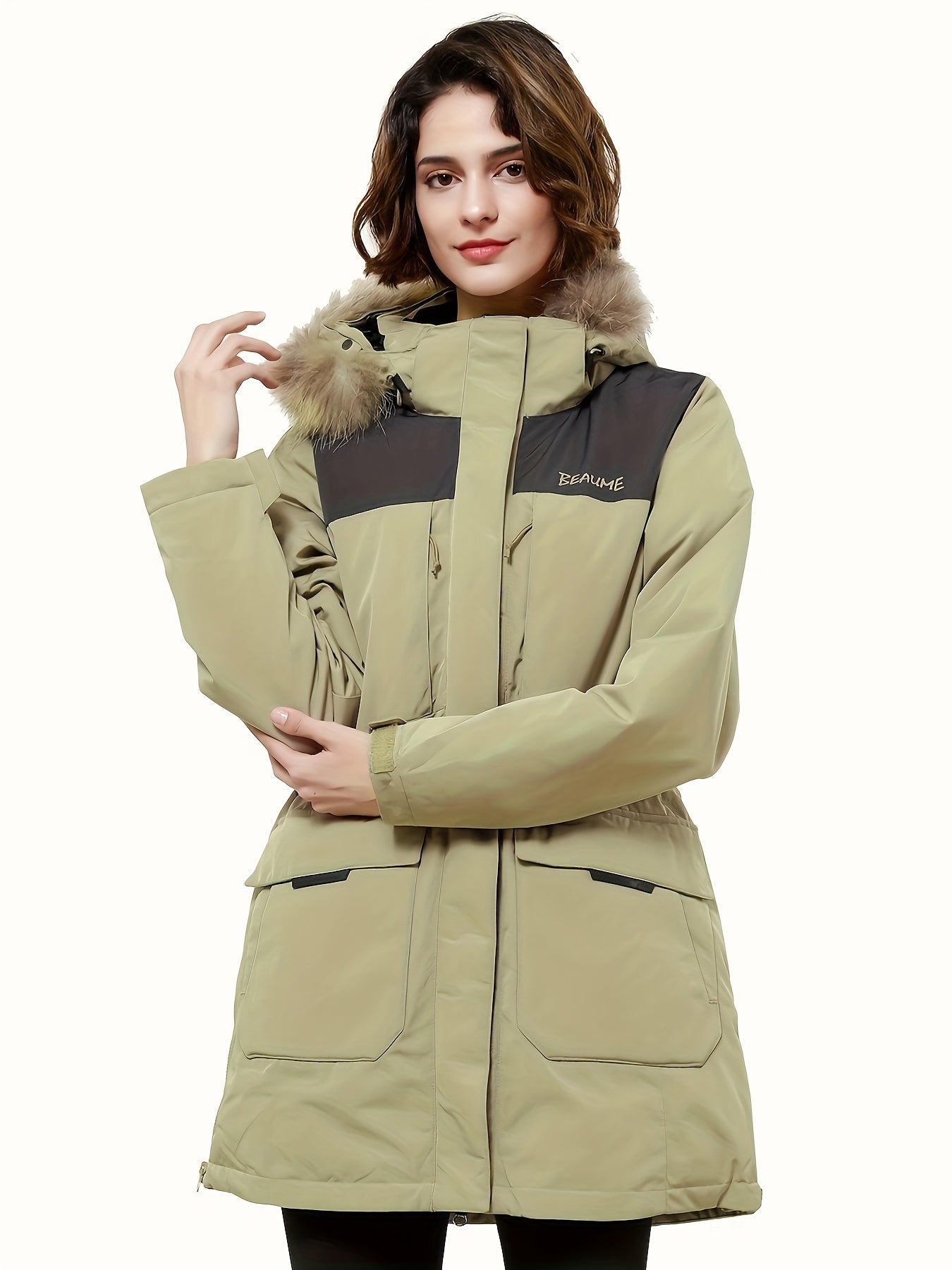 Women's Contrast Color Winter Down Jacket With Flap Pocket - Thickened & Warm Sports Puff Coat