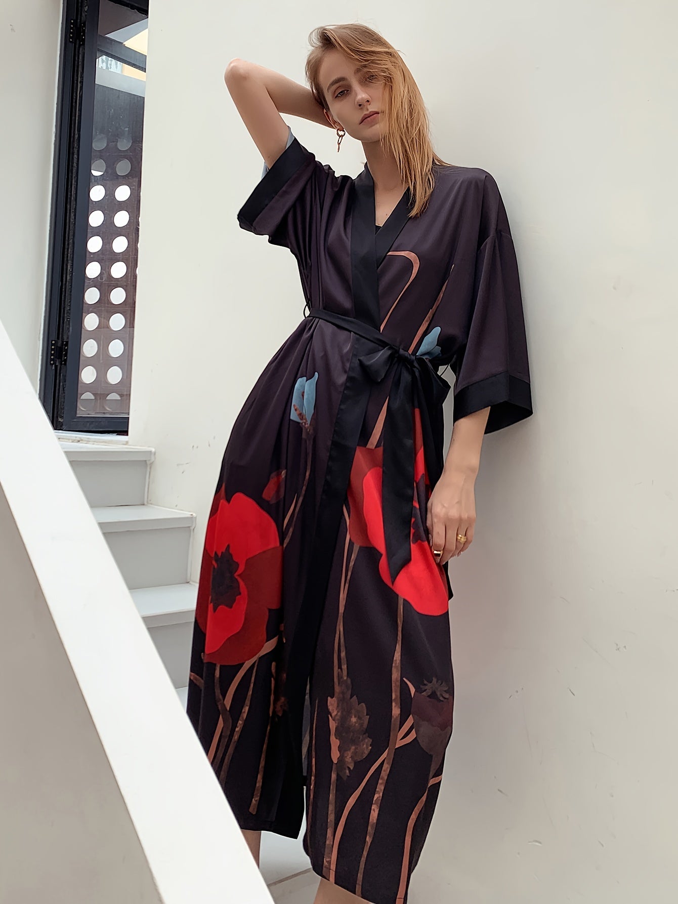 Long Satin Kimono Robe for Women - Soft V-Neck Three Quarter Sleeve Floral Bathrobe with Belt - Polyester and Elastane Blend, Random Printing, Woven, Mature Style, Suitable for All Seasons