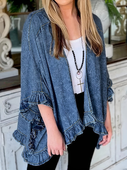 Stylish Women's Ruffle Hem Denim Jacket - Fashionable Casual Jean Top with Sexy Style, Adjustable Fit, and Classic Outerwear Design for Ladies