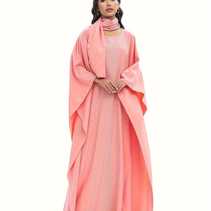 Rhinestoned Crew Neck Modest Maxi Dress - Elegant Batwing Sleeves, Polyester Fabric, Solid Color, No Elasticity, Spring/Summer Casual Wear - Includes Scarf, Womens Loose Fit Clothing