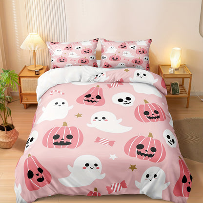 Halloween & Ghost Themed Duvet Cover Set, 3 Piece - 100% Polyester Lightweight Sanded Fabric, All-Season Digital Printed Bedding with Zipper Closure - Includes 1 Duvet Cover and 2 Pillowcases, Machine Washable, No Duvet Insert