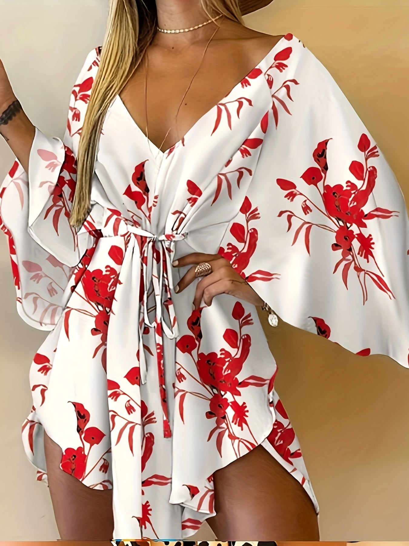 Vibrant Floral Print Fitted V-Neck Dress - Elegant Vacation Style with Tie Waist, Flare Sleeves, Micro Elasticity, and Random Printing - Perfect for Spring, Summer, and Fall Seasons