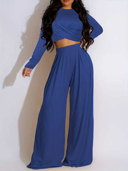 Chic Solid Twist Front Crop Top & Wide Leg Pants Set - Effortlessly Stylish Two-piece Outfit for Women - Casual Everyday Wear