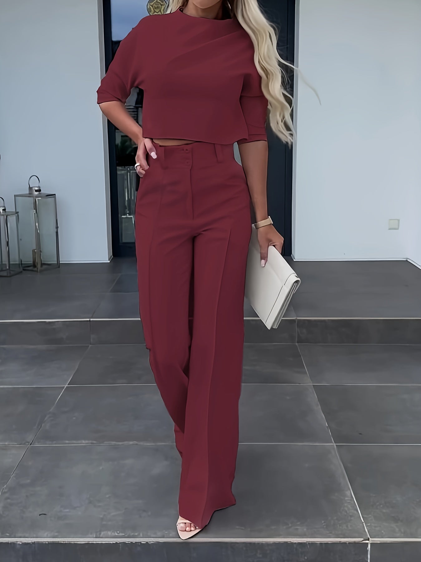 Two-Piece Solid Color Jacket and High Waist Straight Pants Set - Classic Combination for Chic and Comfortable Everyday Wear