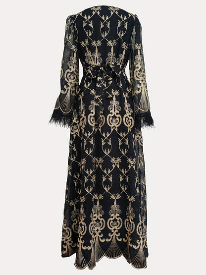 Floral Embroidered V-neck Long Sleeve Abayas Dress, Elegant Maxi Length Dress, Women's Clothing