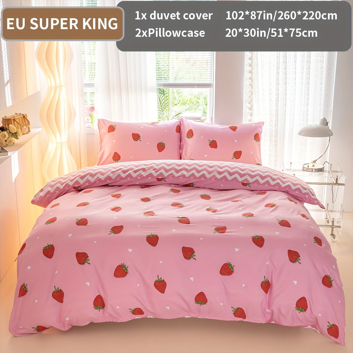 3pcs Strawberry Print Duvet Cover Set - Soft, Breathable Polyester Bedding With Zip Closure For All Seasons - Includes 1 Duvet Cover & 2 Pillowcases (No Insert)