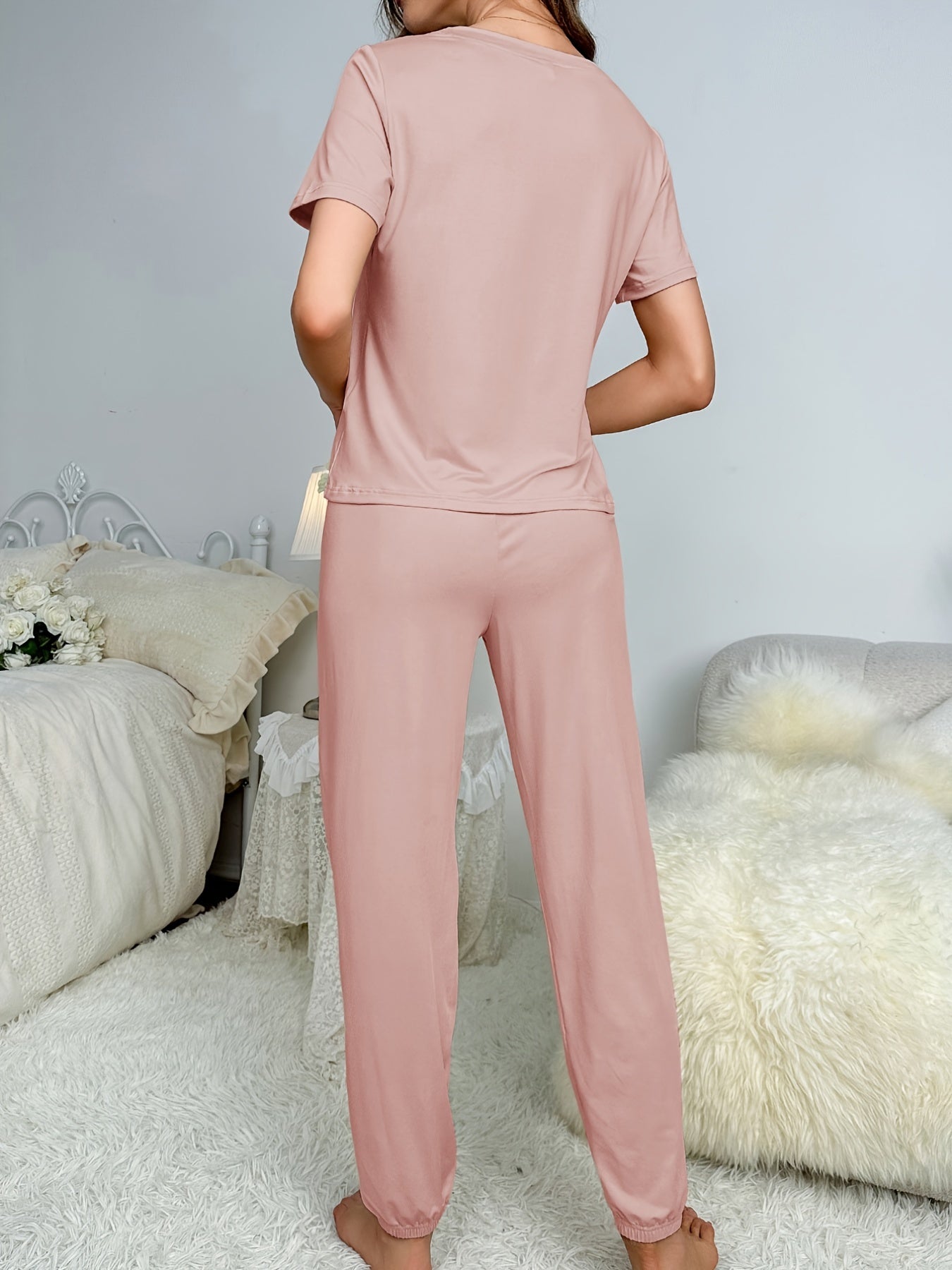 Cozy Solid Pajamas Set - Soft Short Sleeve Crew Neck Top & Comfortable Lounge Pants for Women's Sleepwear & Loungewear - Relaxing Nightwear for a Good Night's Sleep