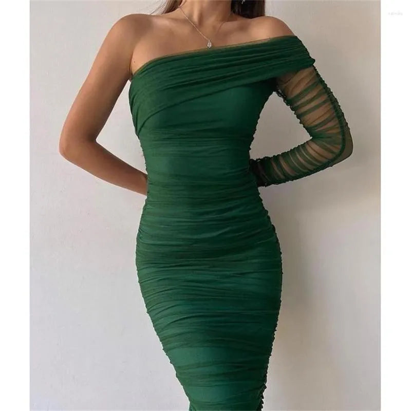 Casual Dresses  Black Women One Shoulder Mesh Long Sexy Diagonal Collar Wrap Slim Bodycon Dress Female Formal Evening Party