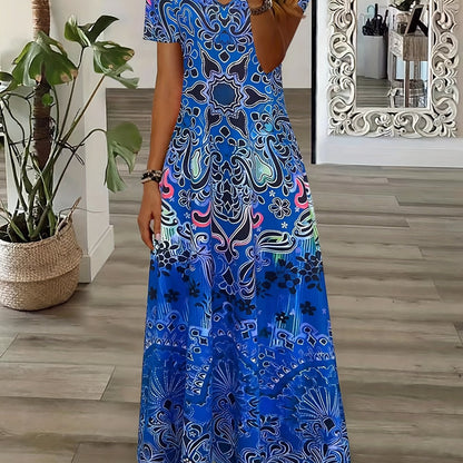 Bohemian V-Neck Maxi Dress - Floral Design - Soft Fabric - Casual & Festive Wear