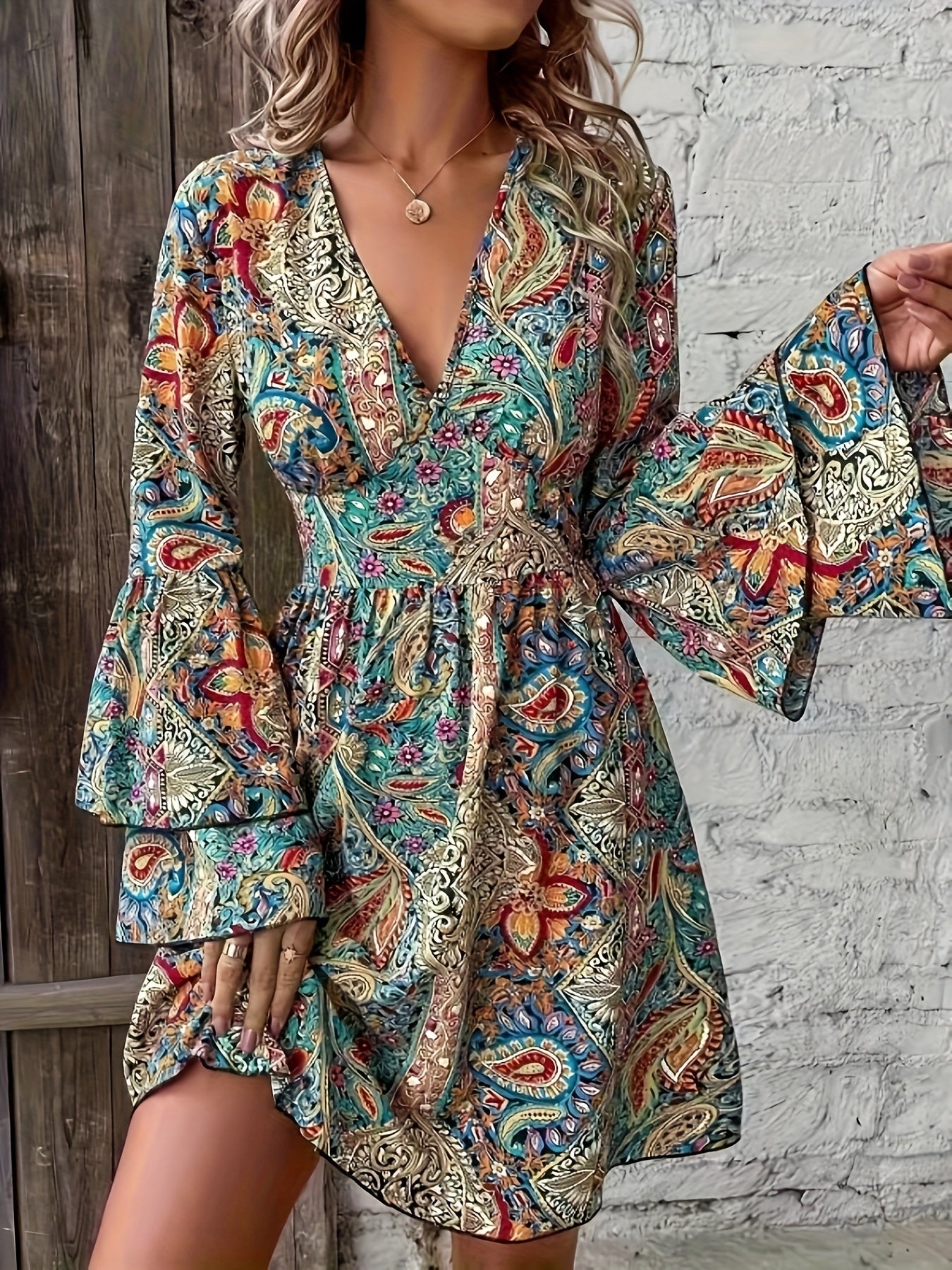 Stunning Paisley Print V-Neck A-Line Dress - Elegant Layered Sleeve, Flowy, Comfortable, Vacation-Ready - Women's Clothing for Elegant Occasions