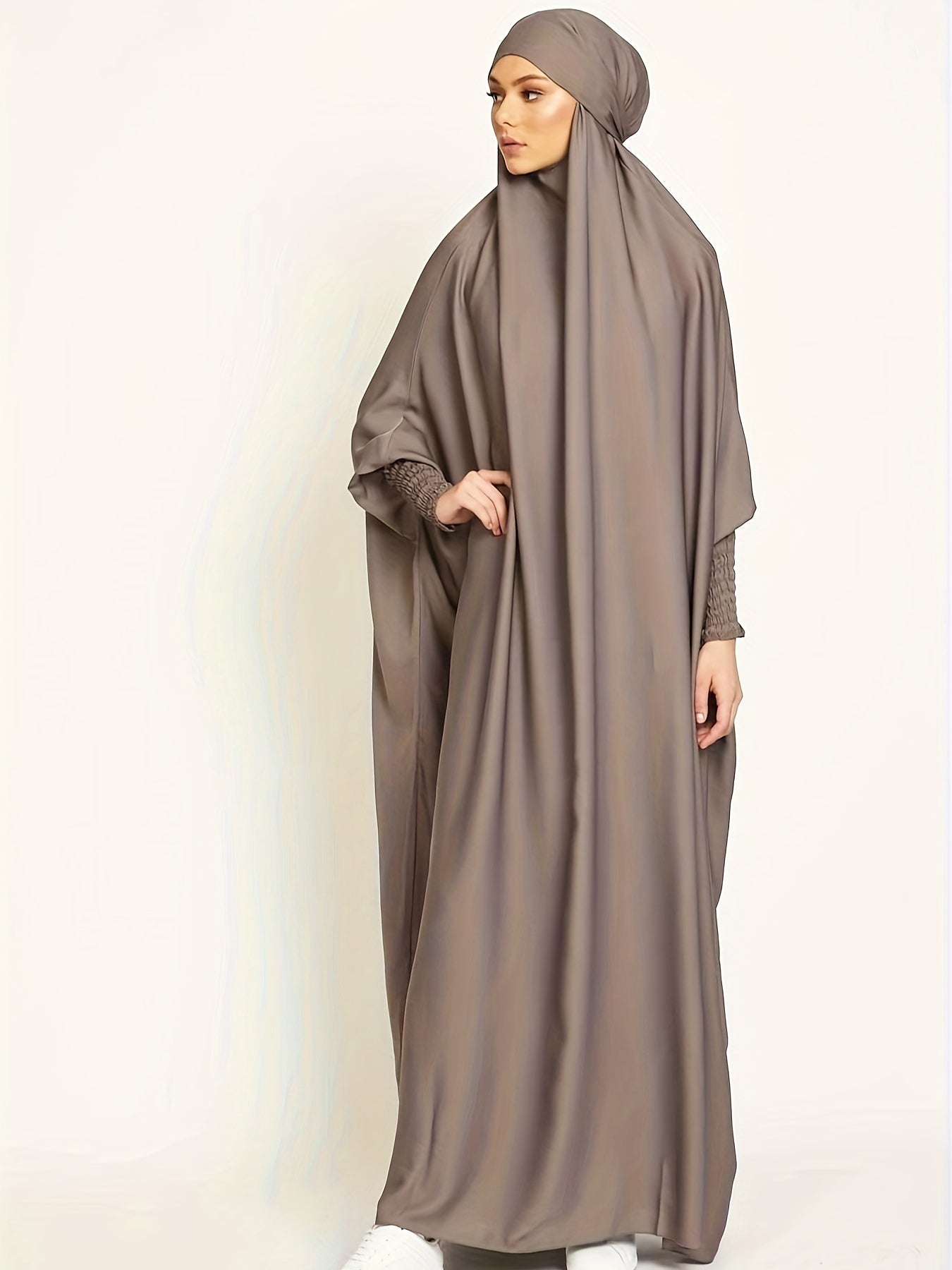 Muslim Long Batwing Sleeve Dress, Modest Solid Color Maxi Length Loose Hijab Kaftan Dress, Women's Clothing