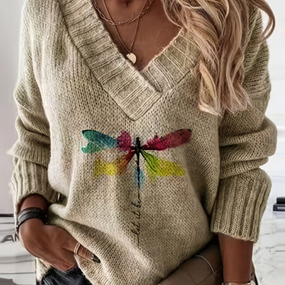 Dragonfly Pattern Sweater - Flattering V-Neckline, Cozy Long Sleeves for Ultimate Comfort, Effortlessly Casual Style, Perfect for Spring and Fall Seasons - Exclusively Designed for Womens Clothing