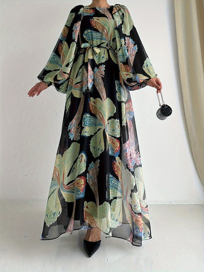 Floral Print Crew Neck Abayas Dress, Elegant Long Sleeve Maxi Length Dress, Women's Clothing