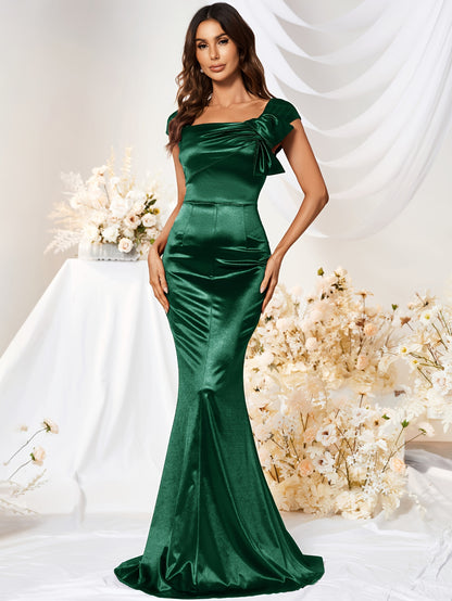 Elegant All-Season Solid Color Bodycon Mermaid Dress - Extra-Long with Chic Bow & Square Neck, Perfect for Parties and Banquets