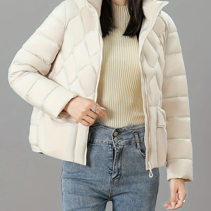 Zipper Stand Collar Flap Pockets Puffer Jacket, Casual Long Sleeve Jacket For Winter, Women's Clothing