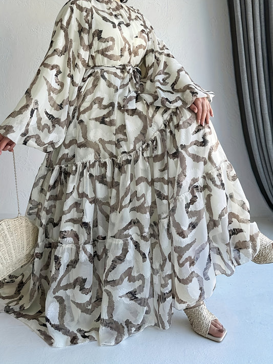 Long Sleeve Maxi Length Crew Neck Abaya Dress - Elegant Ruffle Hem, Micro Elasticity Polyester Fabric, Color Block Random Printing, Belted, Middle East Style, Woven - All Seasons, Not Sheer, Womens Clothing