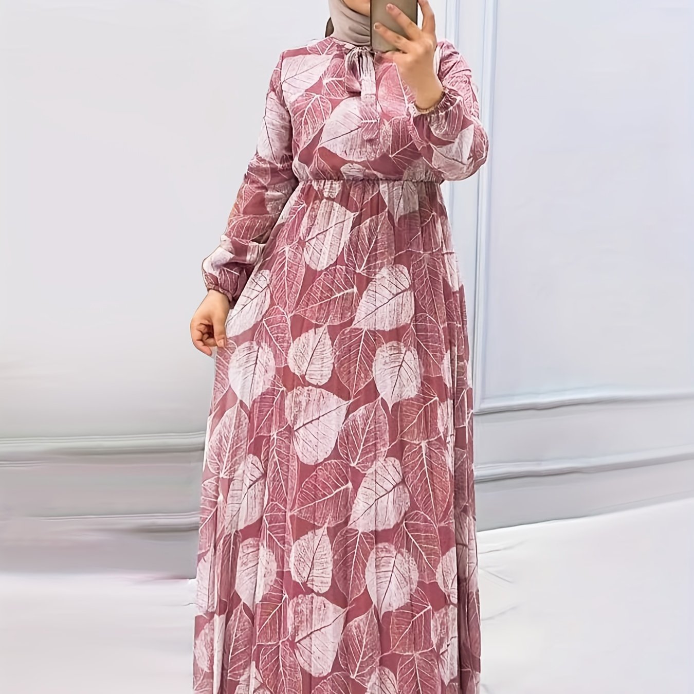 Stylish Plant Print Ramadan Modest Dress - Flowy & Comfortable Loose Fit Long Sleeve Abayas Style - Perfect Casual Wear for Women - Ramadan Collection