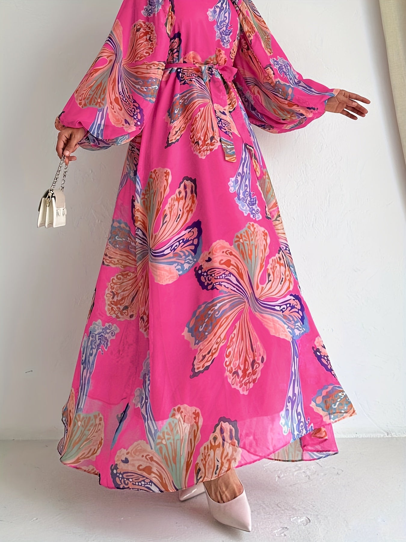 Floral Print Crew Neck Abayas Dress, Elegant Long Sleeve Maxi Length Dress, Women's Clothing