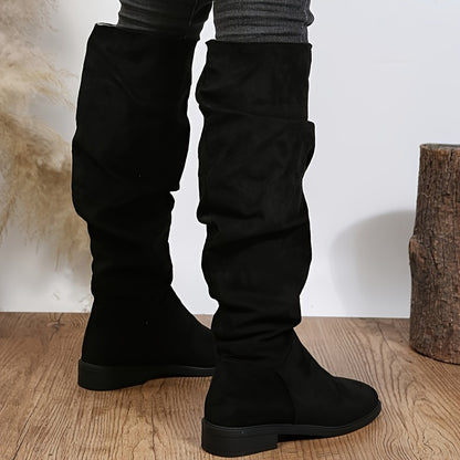 Women's Slouch Knee High Boots, Comfortable Square Toe Pull On Long Boots, All-Match Suedette Boots