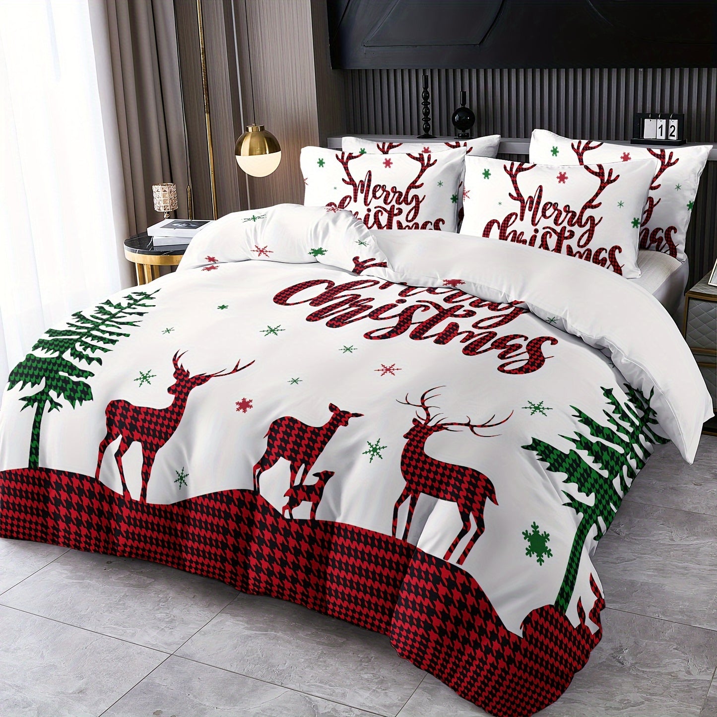 Cozy Christmas Reindeer 2/3pcs Duvet Cover Set - Soft & Breathable Polyester, Perfect for All Seasons - Includes 1 Duvet Cover & 1/2 Pillowcases (Comforter & Pillows Not Included) - Ideal for Bedrooms, Guest Houses & Dorms