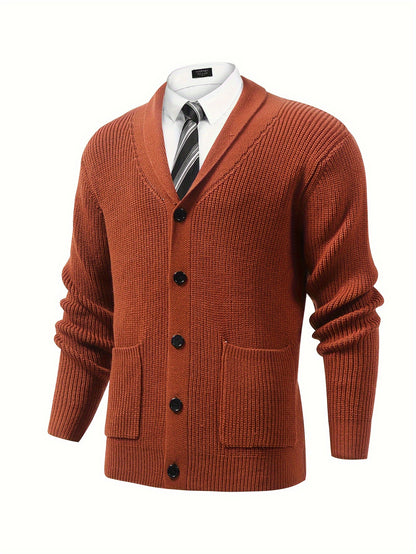 Mens Chic Solid V-Neck Long Sleeve Knit Cardigan - Soft, Cozy, and Versatile with Pockets for Autumn and Winter Daily Outerwear, Perfect for Casual and Formal Occasions