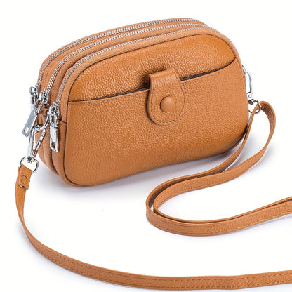 Small Genuine Leather Crossbody Bag for Women - Triple Top Zipper, Adjustable Strap, Polyester Lining, Solid Color, Edge Painted, Stylish and Practical Accessory