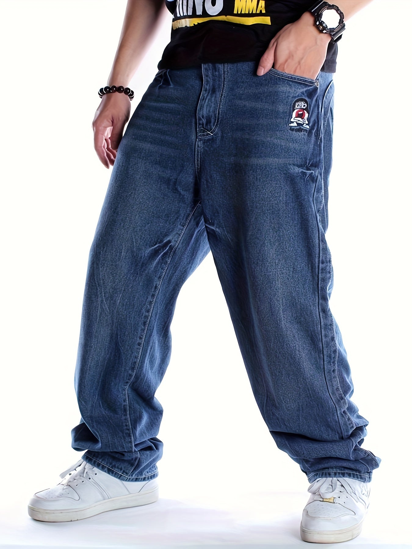 Plus Size Mens Hip Hop Jeans - Relaxed Fit, Embroidered, Long, Non-Stretch, Cotton Blend, Solid Color, Straight Leg, Casual Street Dance Skateboarding Pants for All Seasons