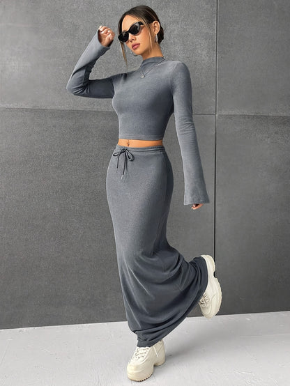 Women's Chic Two-Piece Ensemble - Crop Long Sleeve Mock Neck Top with Drawstring Maxi Skirt - Versatile Solid Color Slim Outfit for Various Occasions