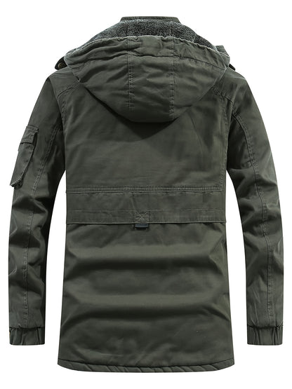 Men's Winter Hooded Jacket With Removable Hood And Fleece Lining - Warm Thickened Outdoor Work Jacket With Pockets