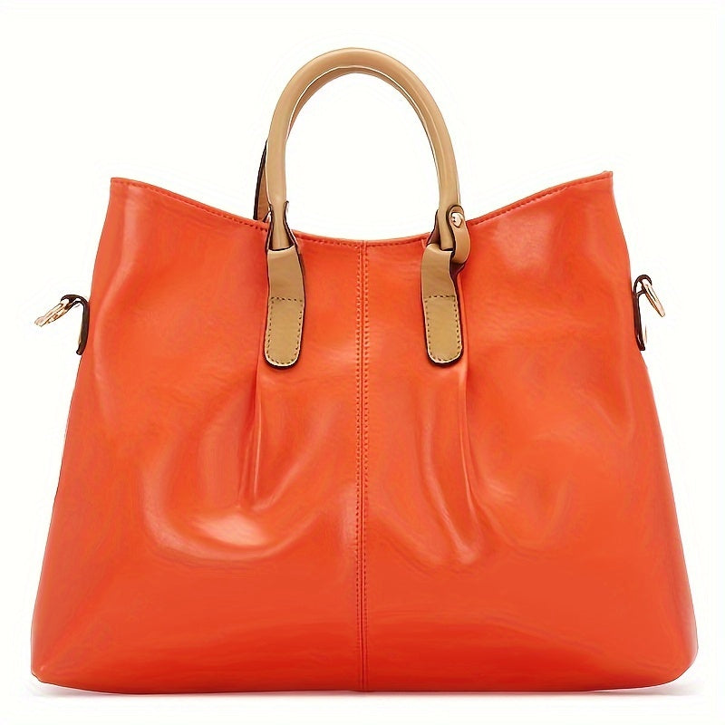 Chic Women's Genuine Faux Leather Tote Bag - Spacious & Stylish, Detachable Shoulder Strap, Zip Closure, Solid Color