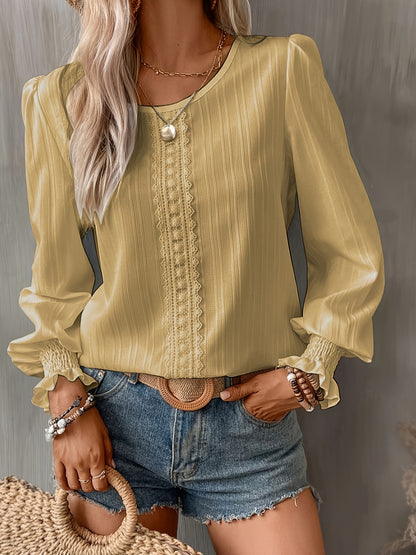 Chic Contrast Lace Blouse -Sophisticated Crew Neck with Flowy Long Sleeves - Perfect Casual Wear for Fashion-Forward Women