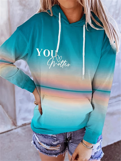 Gradient Color Letter Print Hoodie - Soft, Casual, Long Sleeve Drawstring Sweatshirt with Kangaroo Pocket for Women's Everyday Wear